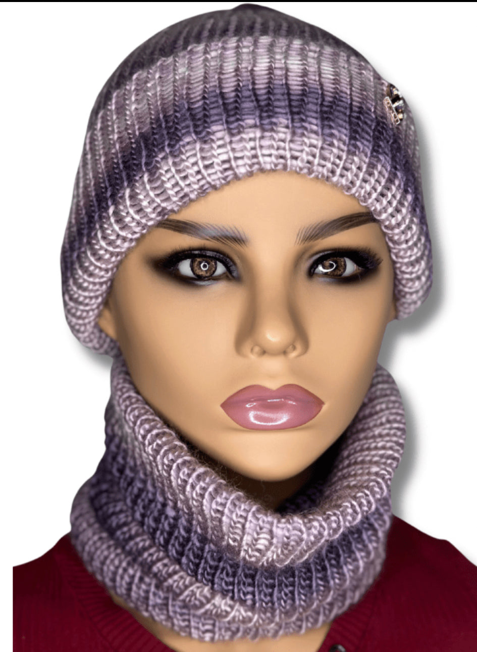 Purple ombré double layered beanie & neck warmer set